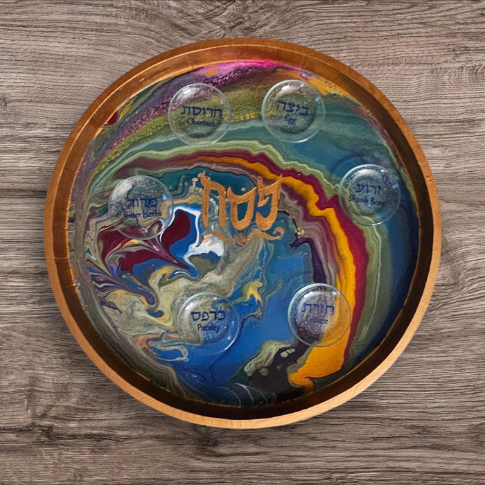 Psychedelic paint pour seder plate — 14-inch swirled wood tray with labeled bowls | Judaica Square Lakewood