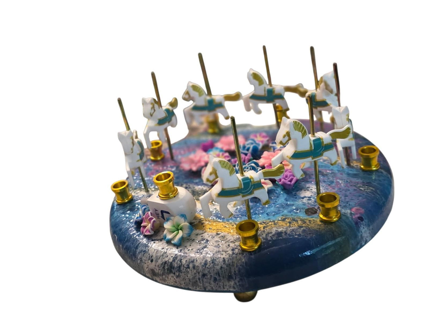 Carousel horse menorah — upcycled carousel horses on flowered hand-painted wood base | Judaica Square Lakewood (view 2)