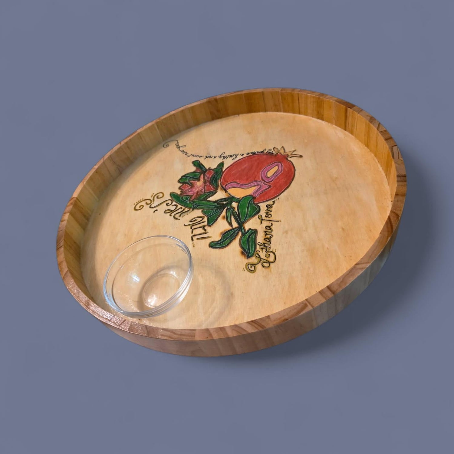 Rosh Hashana apple and challah plate — painted wooden tray with L'shana Tova and honey bowl | Judaica Square Lakewoo (view 2)