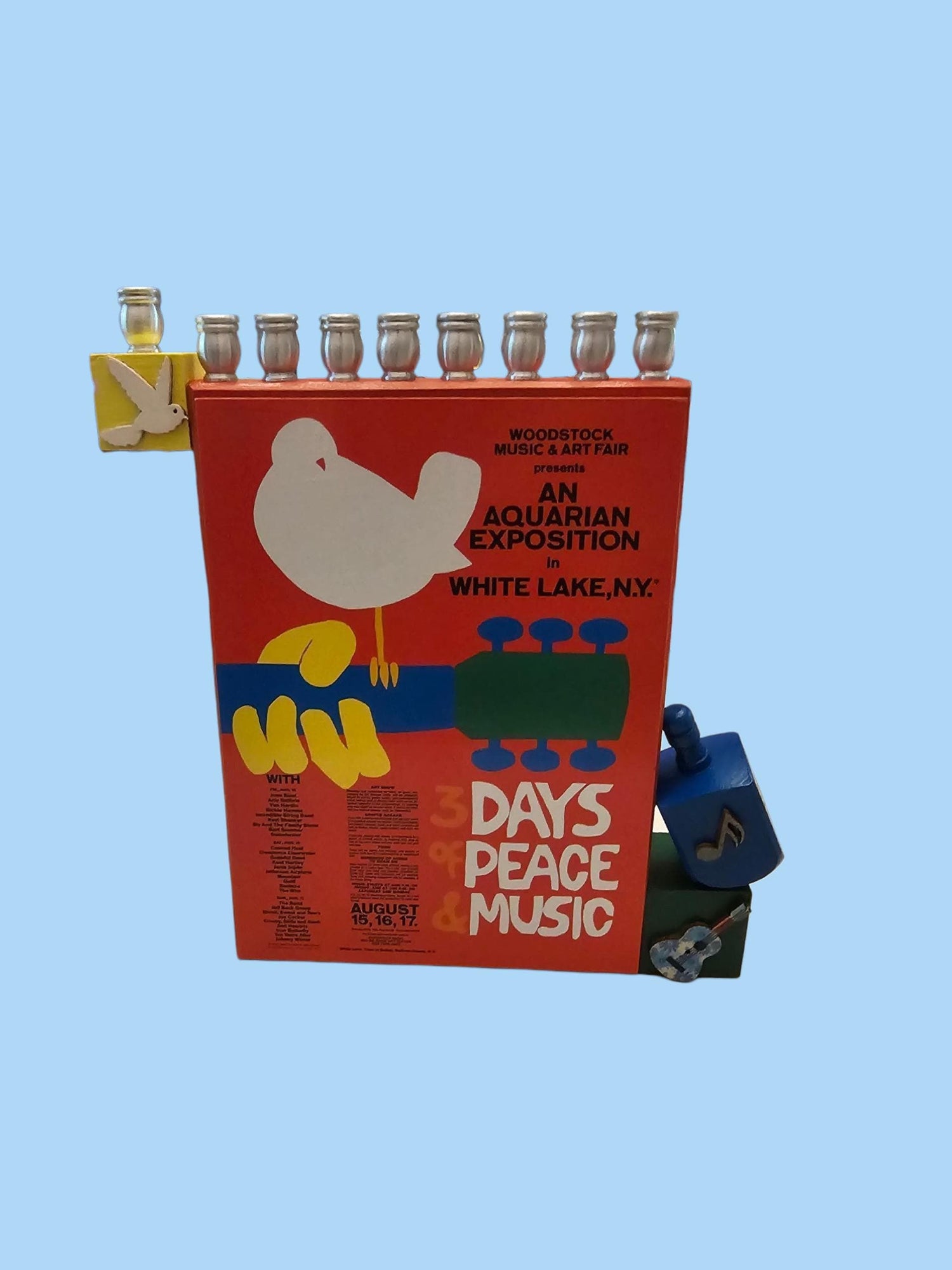 Woodstock menorah — festival postcards, wood buttons and dreidel on a painted plaque | Judaica Square Lakewood (view 2)