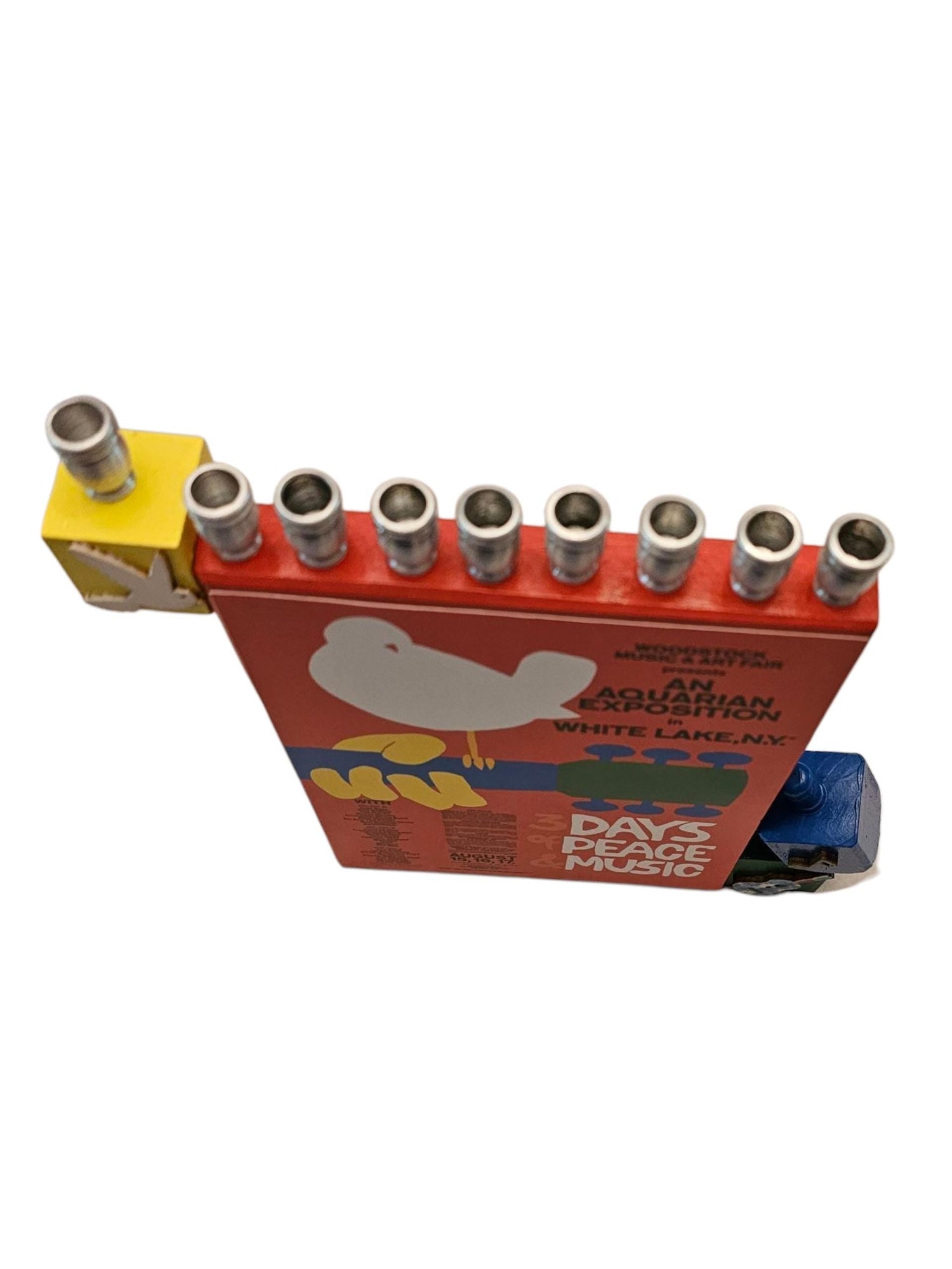Woodstock menorah — festival postcards, wood buttons and dreidel on a painted plaque | Judaica Square Lakewood (view 4)