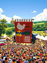Woodstock menorah — festival postcards, wood buttons and dreidel on a painted plaque | Judaica Square Lakewood