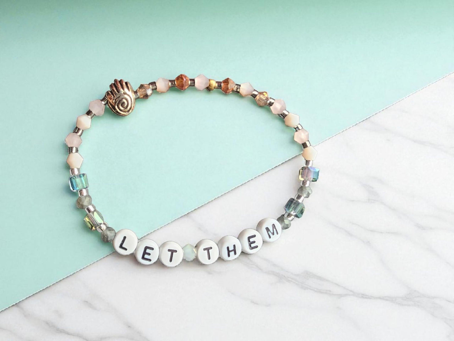 Let Them / Let Me beaded bracelet — letter beads with crystal and enamel charms on elastic | Judaica Square Lakewood (view 5)