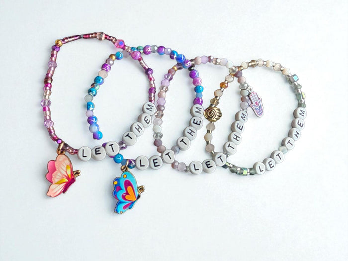 Let Them / Let Me beaded bracelet — letter beads with crystal and enamel charms on elastic | Judaica Square Lakewood