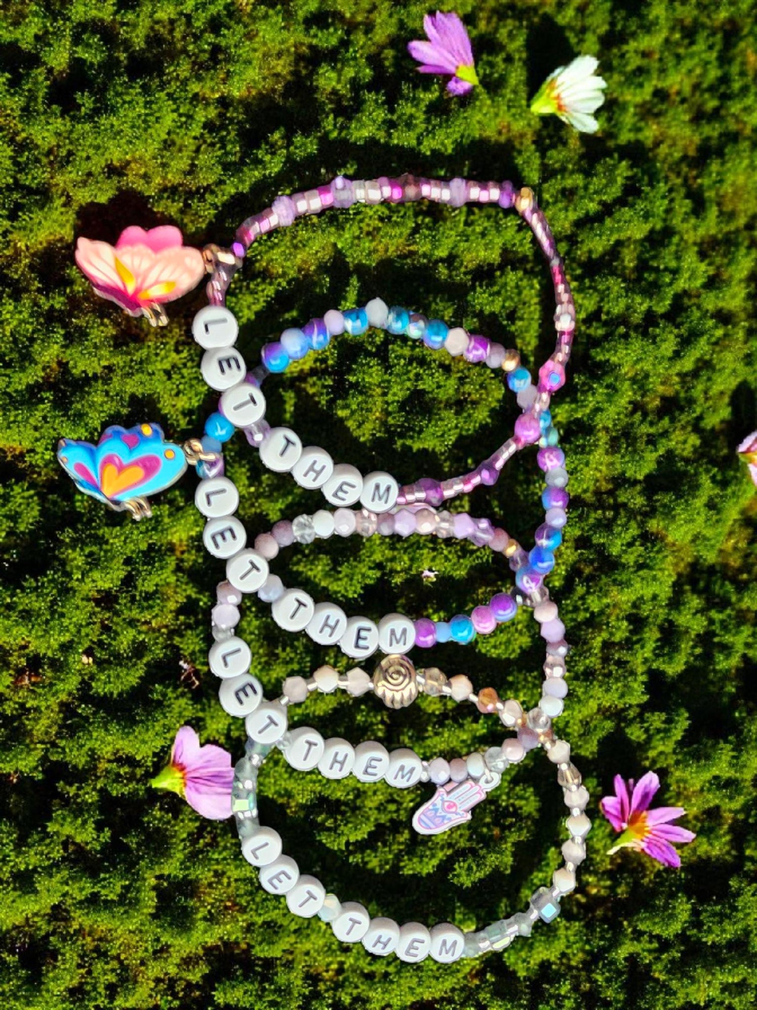 Let Them / Let Me beaded bracelet — letter beads with crystal and enamel charms on elastic | Judaica Square Lakewood (view 3)