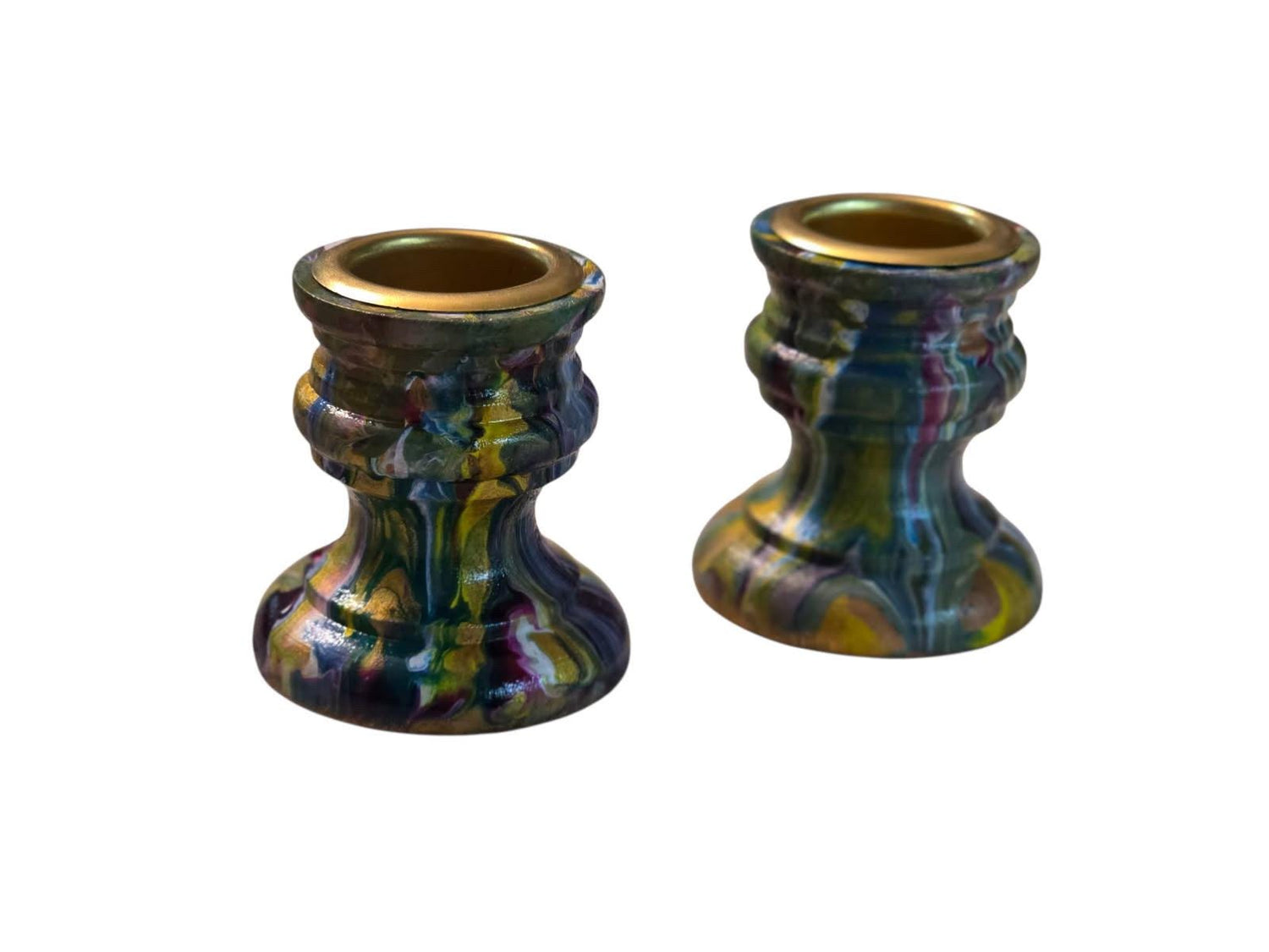 Mismatched Shabbat candlesticks — whimsical and psychedelic hand-painted wooden pairs | Judaica Square Lakewood (view 4)