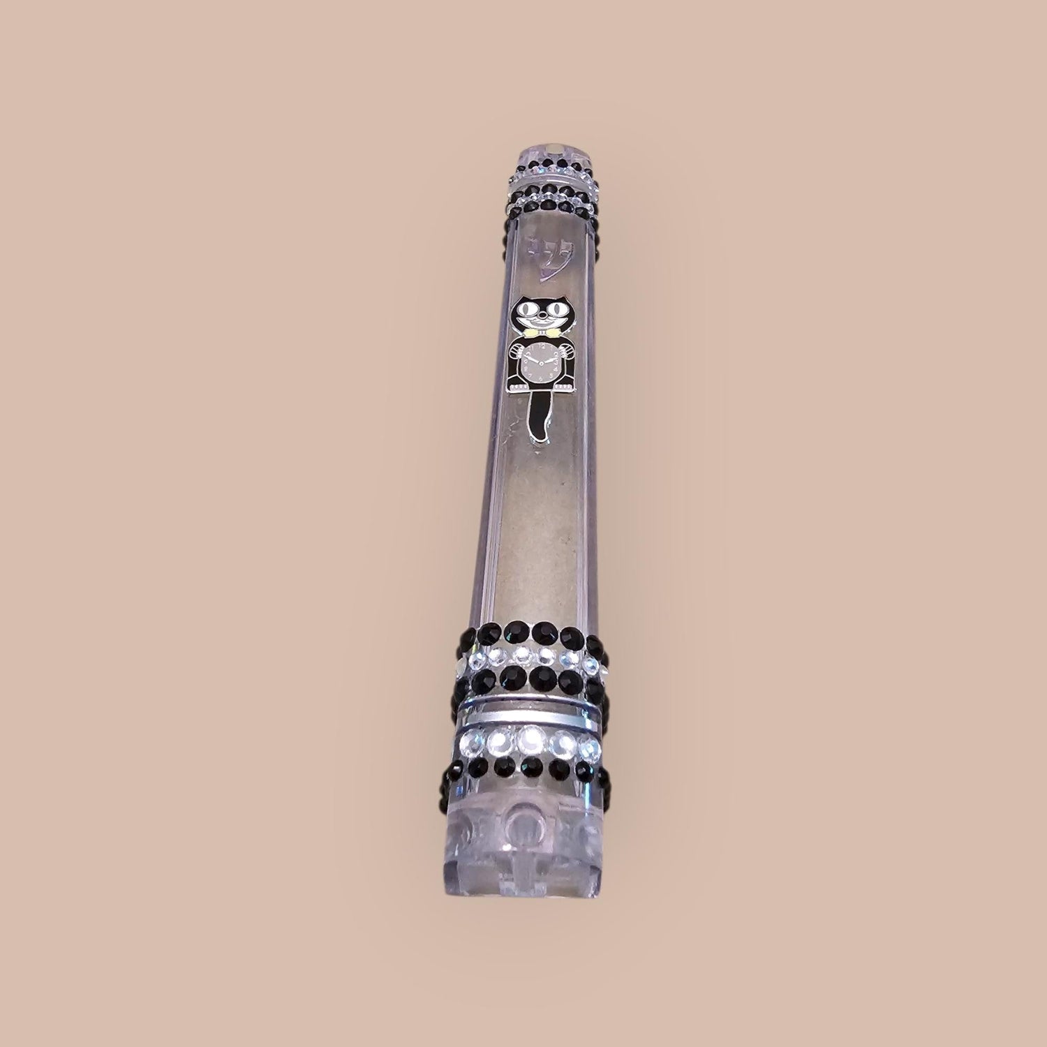 Cat clock mezuzah case — acrylic case topped with a miniature kitty clock charm | Judaica Square Lakewood (view 2)