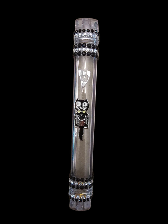 Cat clock mezuzah case — acrylic case topped with a miniature kitty clock charm | Judaica Square Lakewood