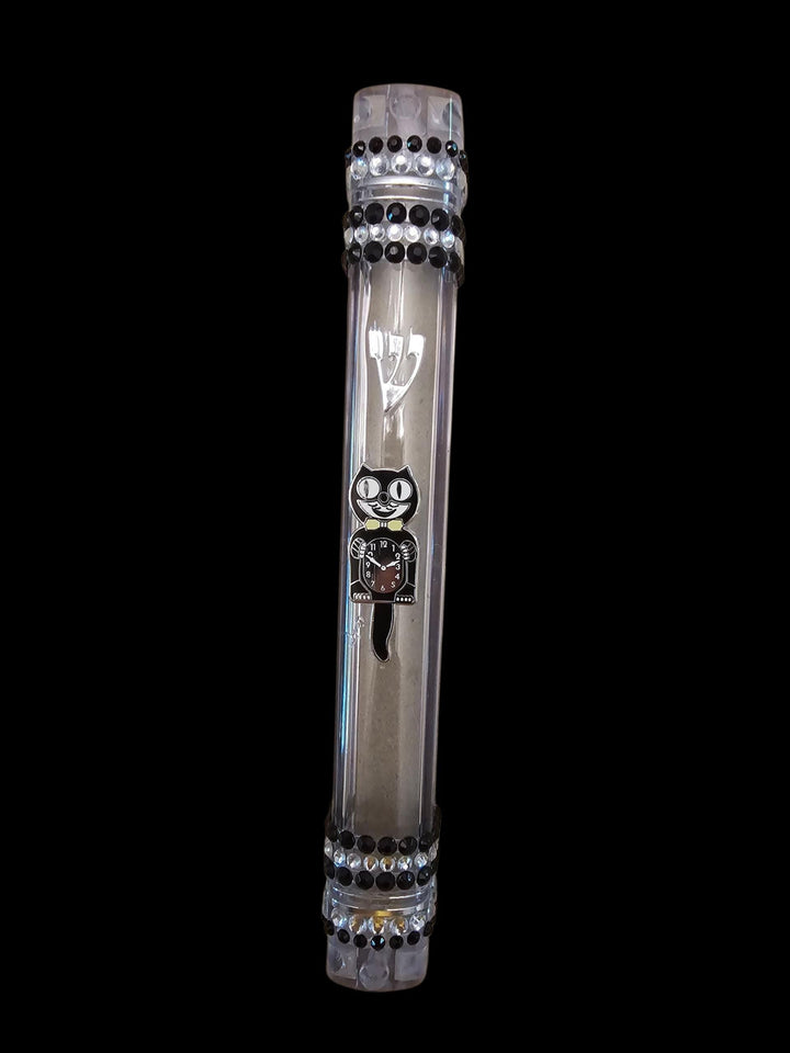 Cat clock mezuzah case, acrylic case topped with a miniature kitty clock charm