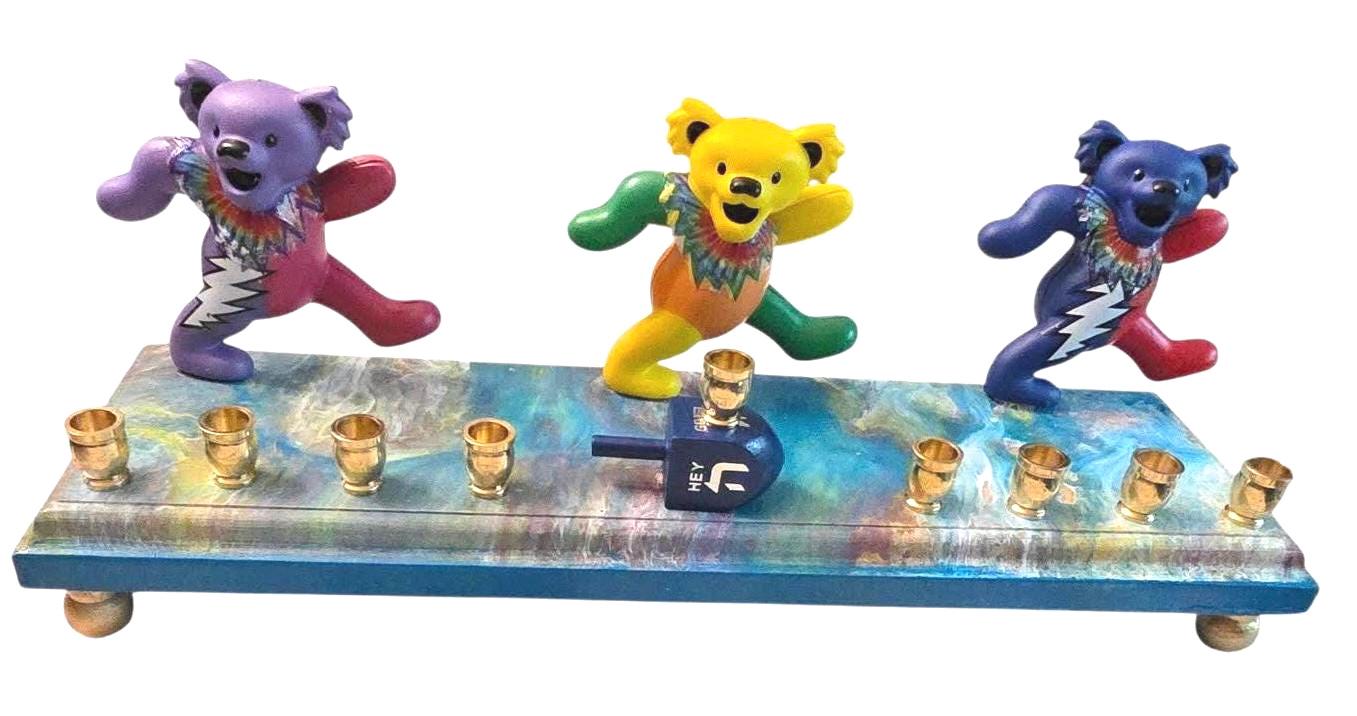 Psychedelic Dancing Bears Menorah — bear figures on a swirled paint-poured base | Judaica Square Lakewood (view 2)