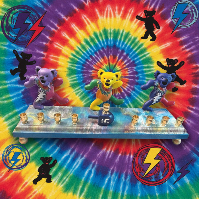 Psychedelic Dancing Bears Menorah — bear figures on a swirled paint-poured base | Judaica Square Lakewood