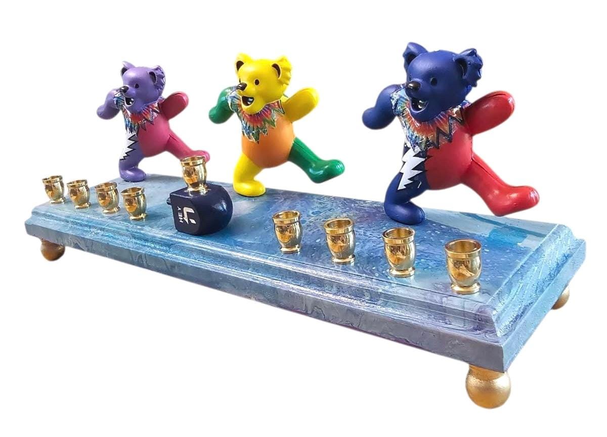 Psychedelic Dancing Bears Menorah — bear figures on a swirled paint-poured base | Judaica Square Lakewood (view 6)