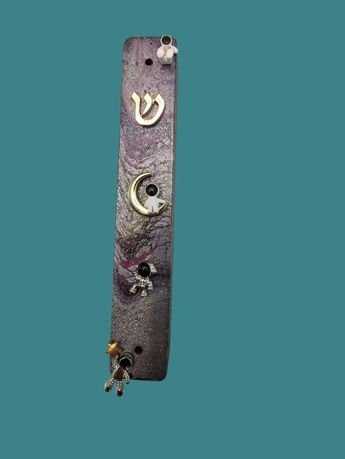Astronaut mezuzah case — sparkly black poured acrylic wood with silver astronaut charms | Judaica Square Lakewood