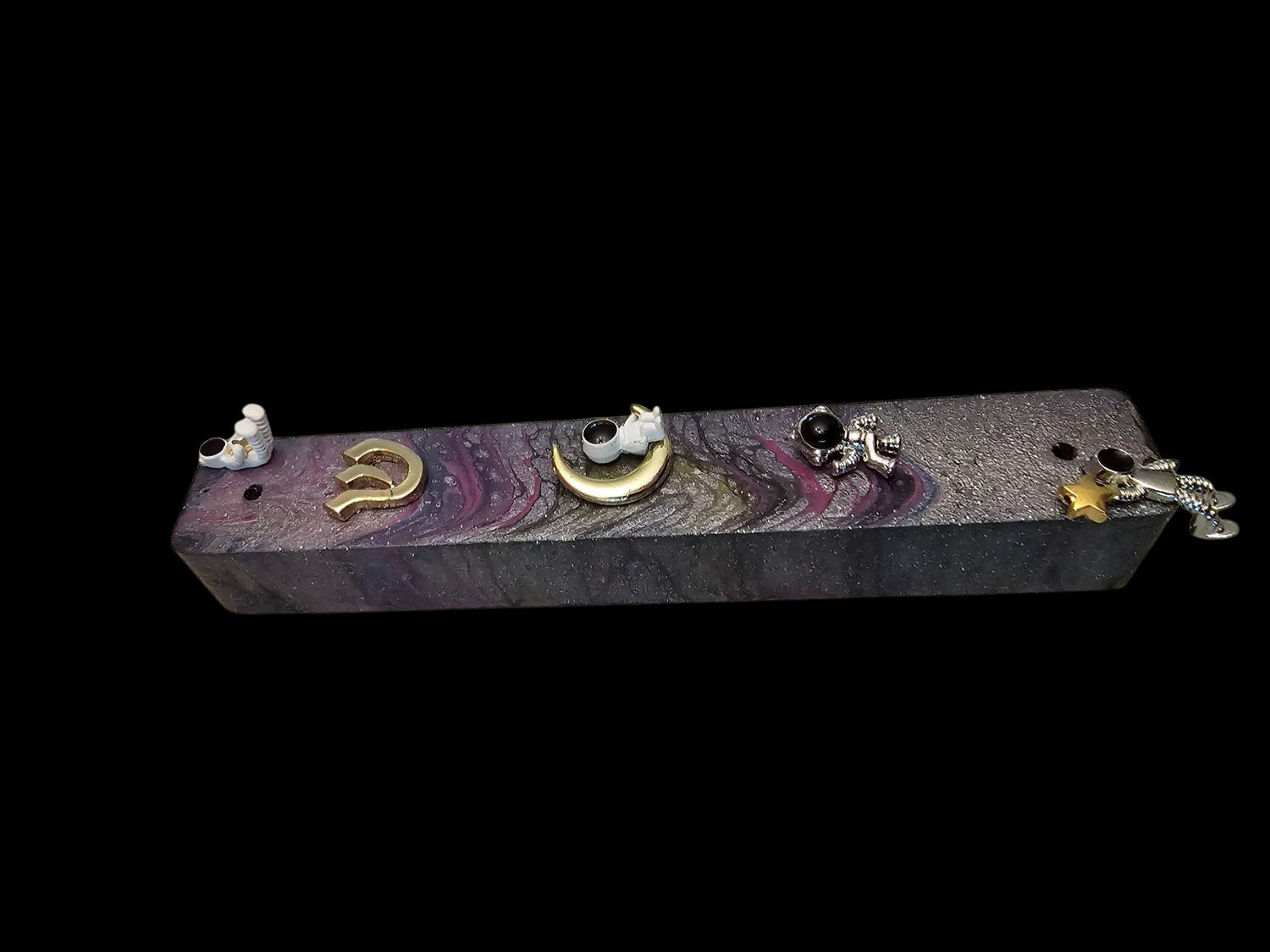 Astronaut mezuzah case — sparkly black poured acrylic wood with silver astronaut charms | Judaica Square Lakewood (view 2)