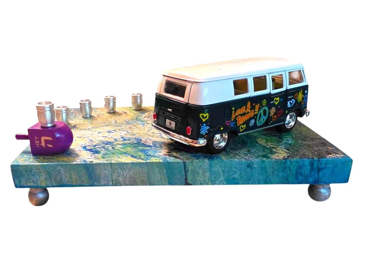 Hippie peace bus menorah — die-cast bus on a swirled acrylic plaque with beads and dreidel | Judaica Square Lakewood (view 5)