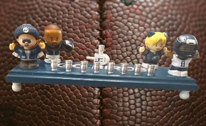 Eagles Collector Menorah — little people football figures with silver cups | Judaica Square Lakewood