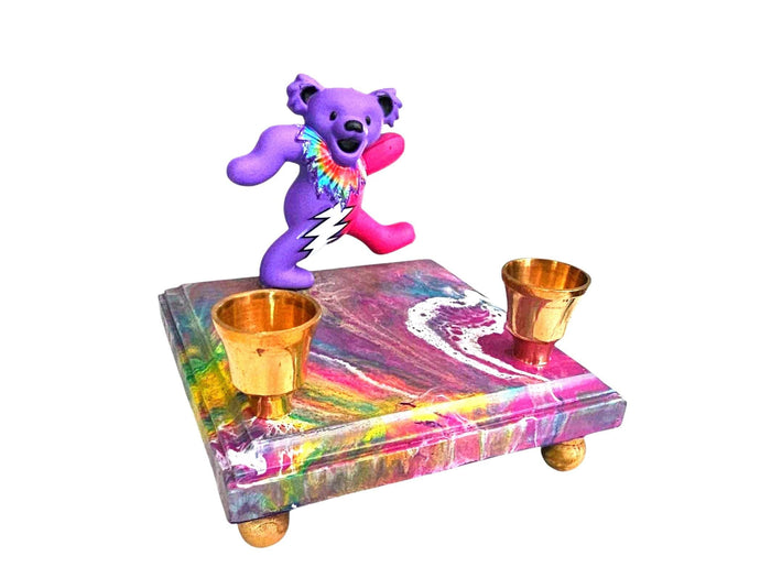 Grateful Dead dancing bear Shabbat candlestick — psychedelic poured paint base with brass cups | Judaica Square Lakewood