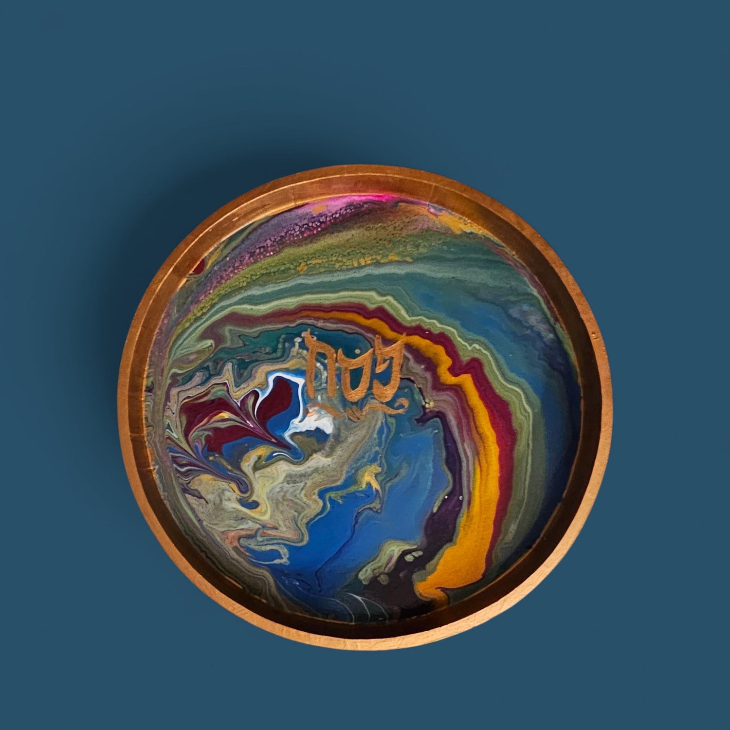 Psychedelic paint pour seder plate — 14-inch swirled wood tray with labeled bowls | Judaica Square Lakewood (view 4)