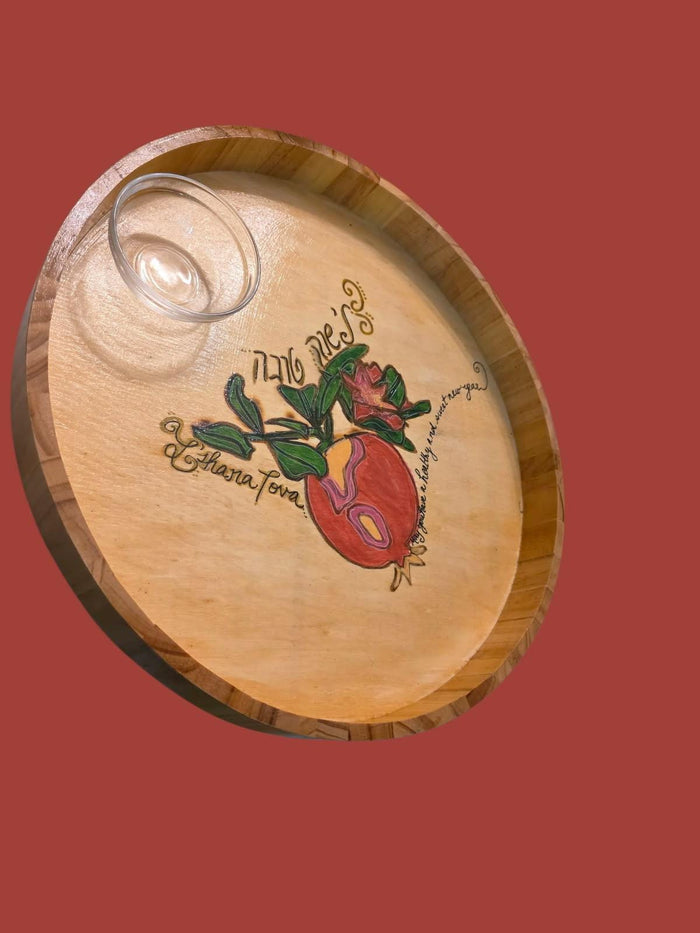 Rosh Hashana apple and challah plate — painted wooden tray with L'shana Tova and honey bowl | Judaica Square Lakewood