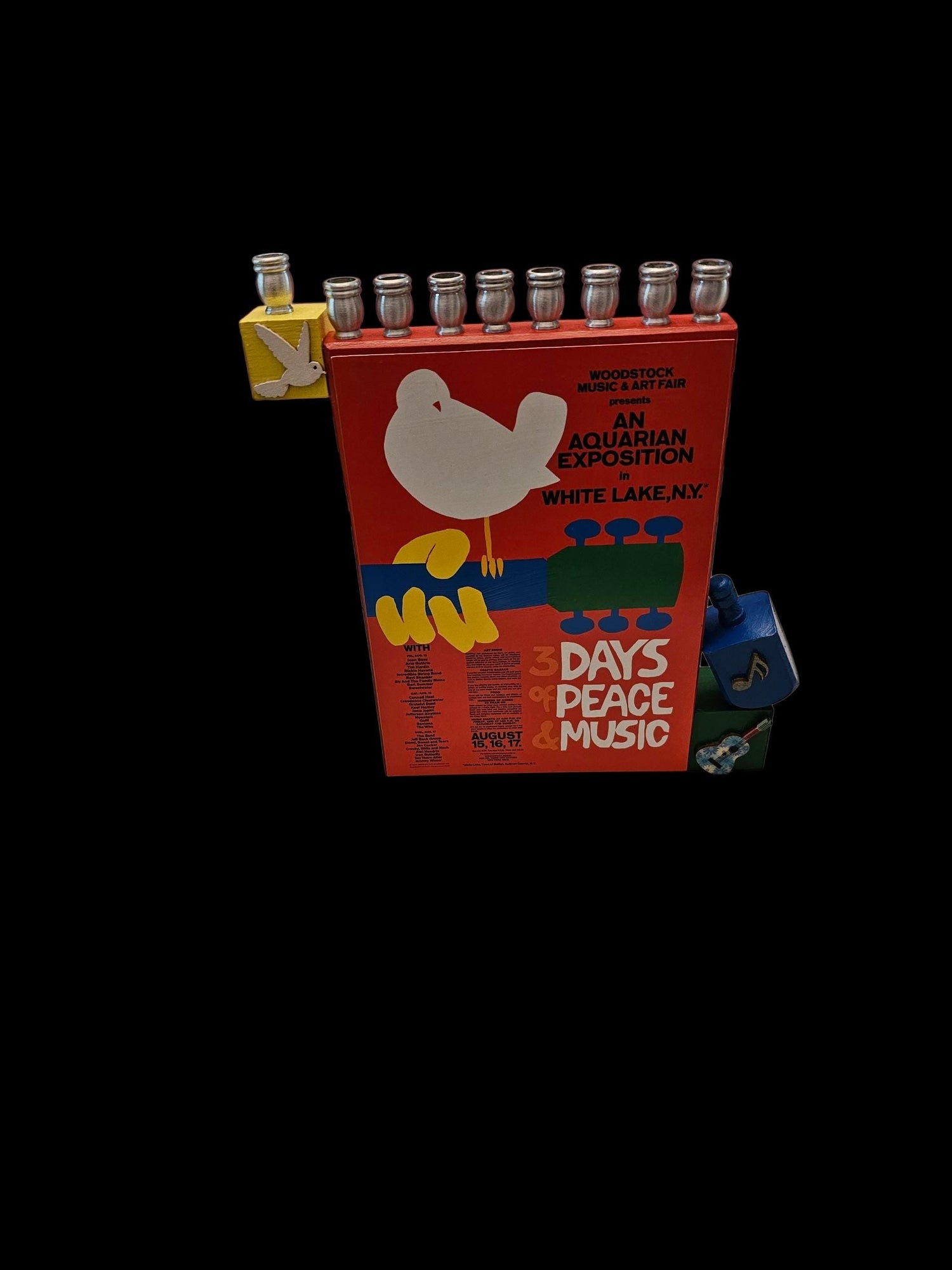 Woodstock menorah — festival postcards, wood buttons and dreidel on a painted plaque | Judaica Square Lakewood (view 3)