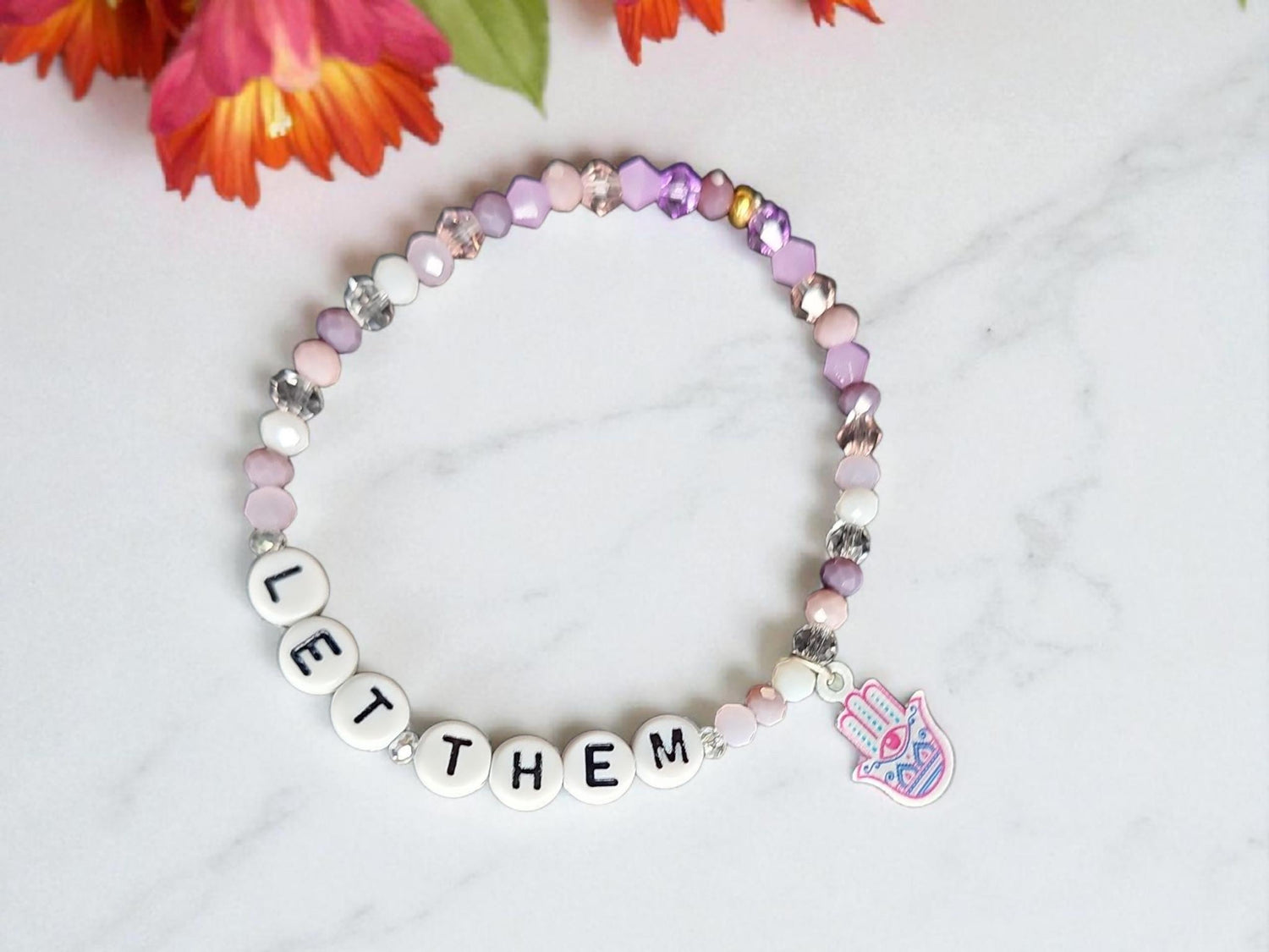 Let Them / Let Me beaded bracelet — letter beads with crystal and enamel charms on elastic | Judaica Square Lakewood (view 4)