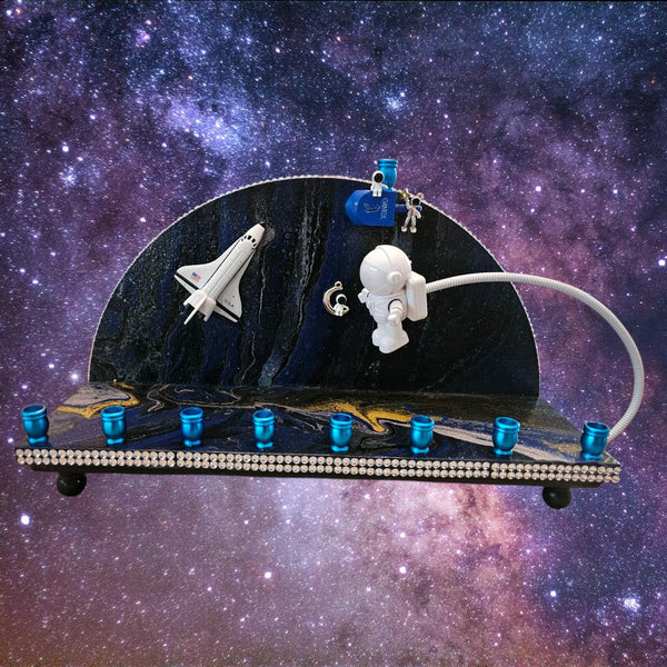 Outer Space Menorah — die-cast rocket ship with poseable astronaut and aluminum cups | Judaica Square Lakewood