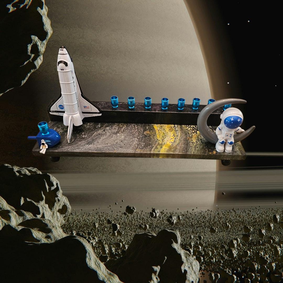 Outer space menorah — die-cast rocketship and astronaut on paint-poured base | Judaica Square Lakewood (view 4)