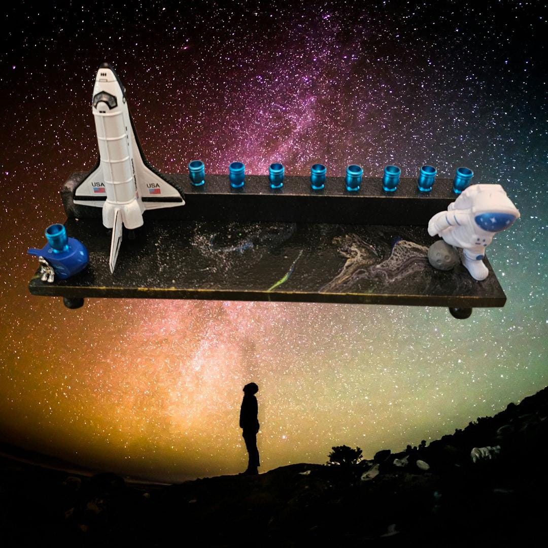 Outer space menorah — die-cast rocketship and astronaut on paint-poured base | Judaica Square Lakewood (view 5)