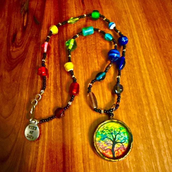 Rainbow tree of life necklace — glass beads with vintage pendant | Judaica Square Lakewood