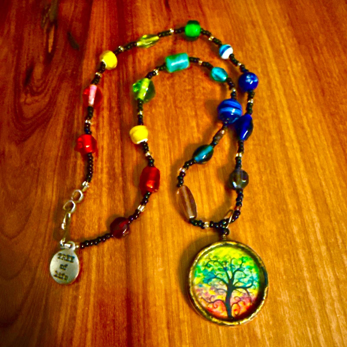 Rainbow tree of life necklace — glass beads with vintage pendant | Judaica Square Lakewood (view 5)
