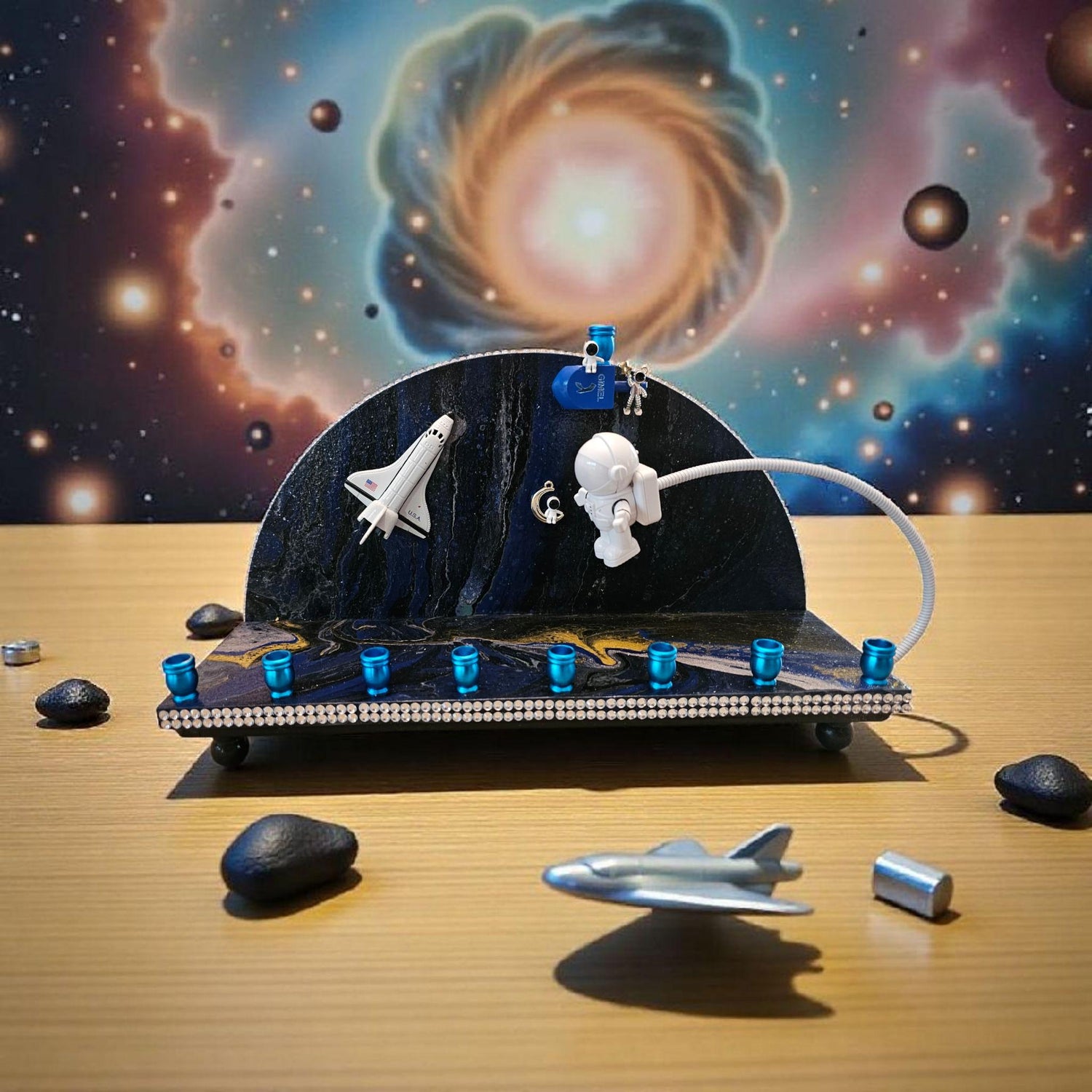 Outer Space Menorah — die-cast rocket ship with poseable astronaut and aluminum cups | Judaica Square Lakewood (view 2)