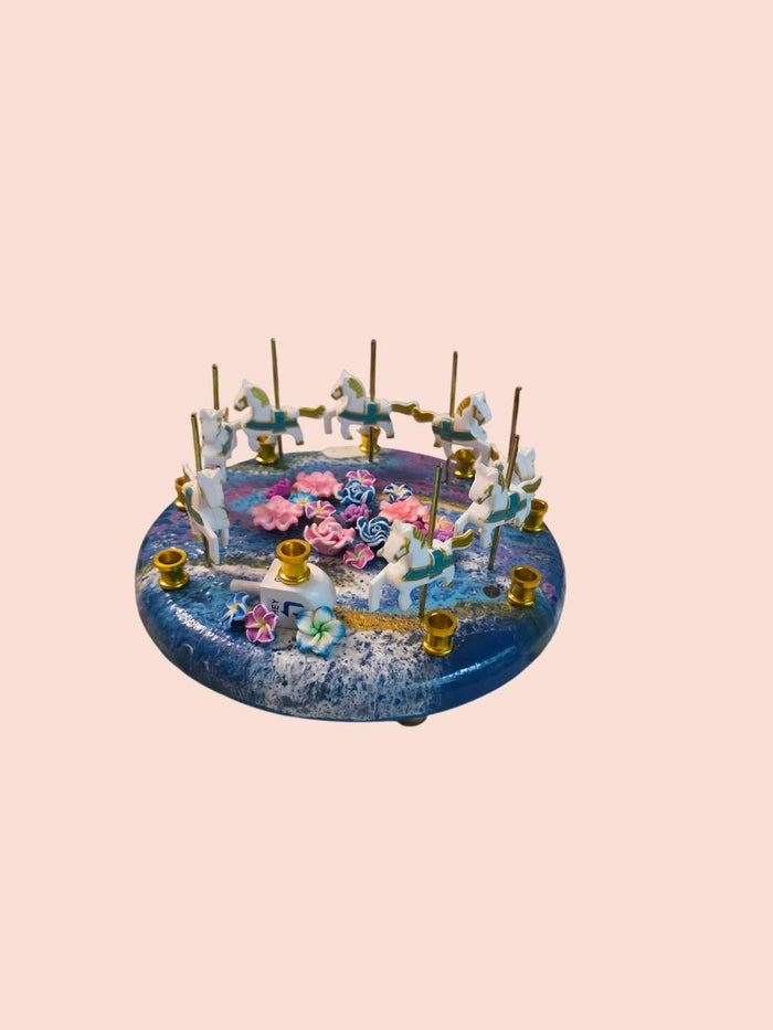 Carousel horse menorah — upcycled carousel horses on flowered hand-painted wood base | Judaica Square Lakewood