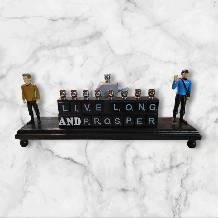 Star Trek Menorah — vintage Spock and Kirk figures with Live Long and Prosper tiles | Judaica Square Lakewood