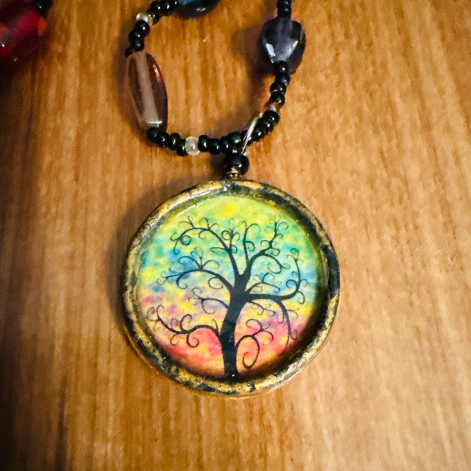 Rainbow tree of life necklace — glass beads with vintage pendant | Judaica Square Lakewood (view 2)