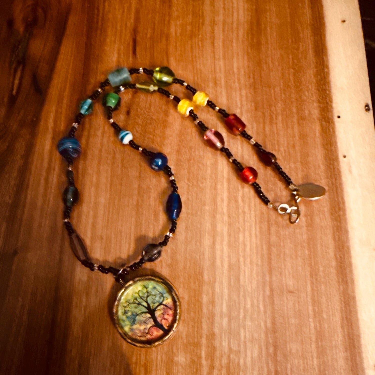 Rainbow tree of life necklace — glass beads with vintage pendant | Judaica Square Lakewood (view 3)