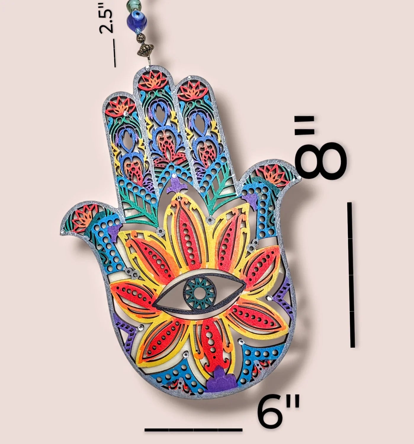 Two-sided wood hamsa — evil eye and floral mandala designs | Judaica Square Lakewood (view 3)