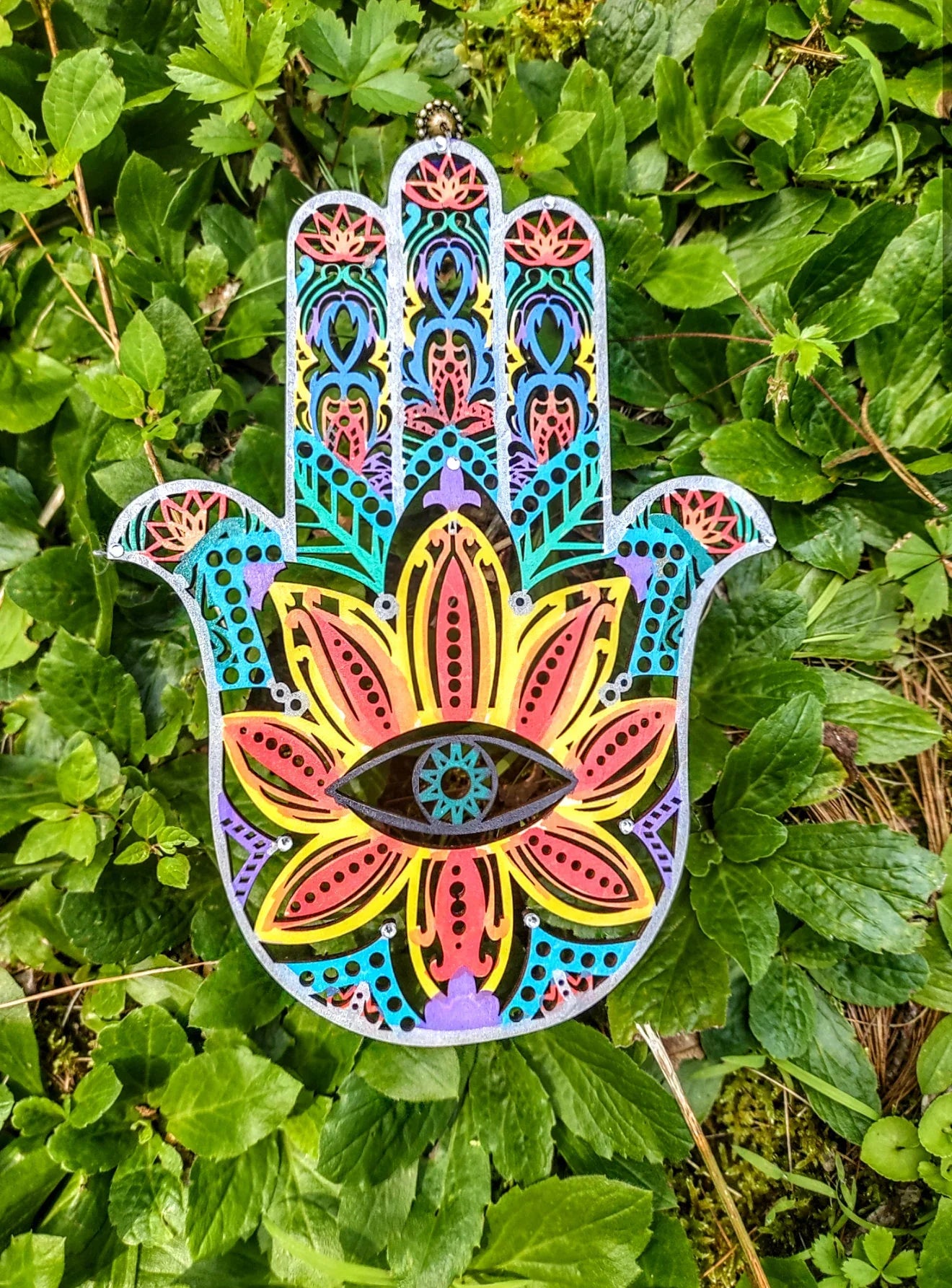 Two-sided wood hamsa — evil eye and floral mandala designs | Judaica Square Lakewood (view 4)
