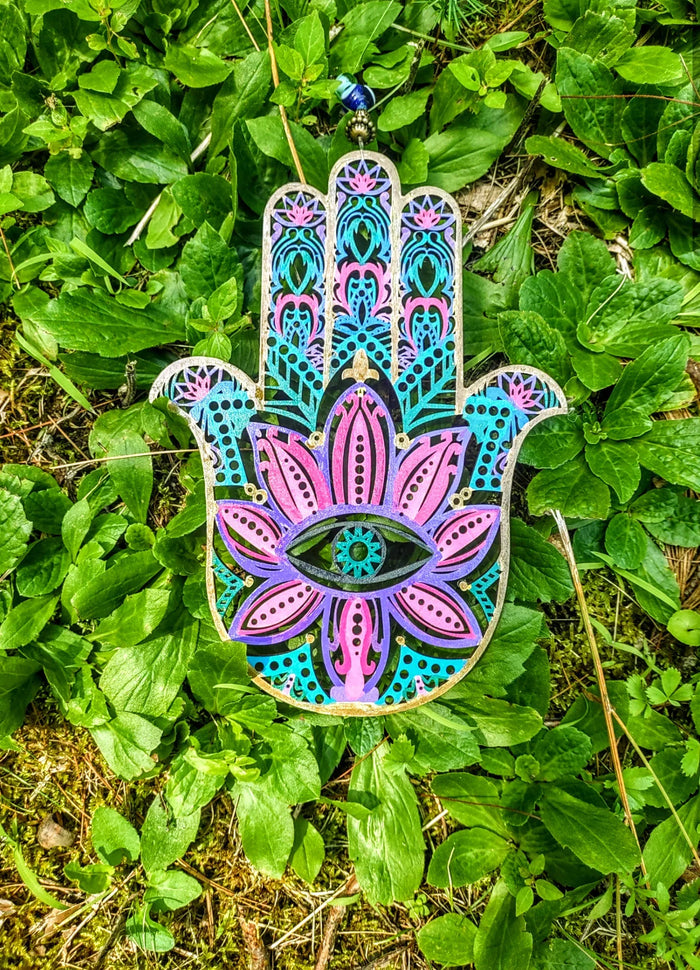 Two-sided wood hamsa — evil eye and floral mandala designs | Judaica Square Lakewood