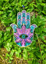 Two-sided wood hamsa — evil eye and floral mandala designs | Judaica Square Lakewood