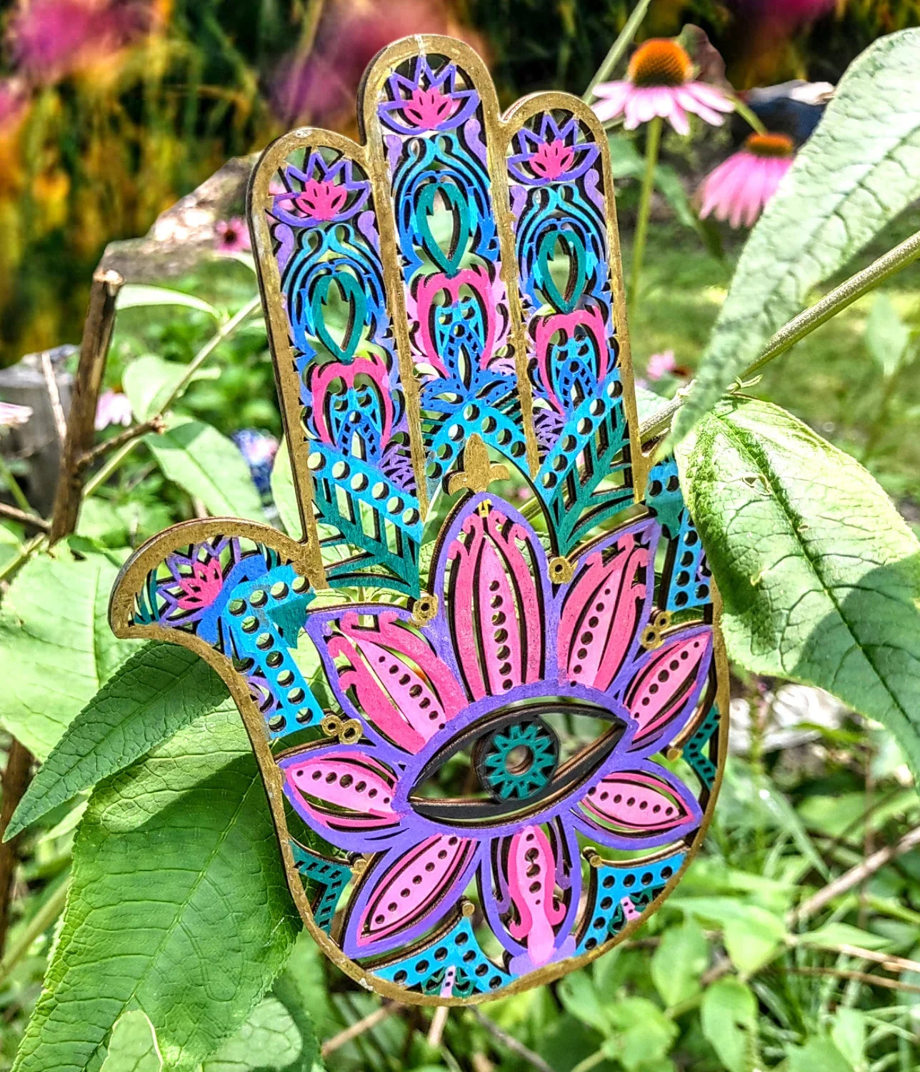 Two-sided wood hamsa — evil eye and floral mandala designs | Judaica Square Lakewood (view 5)