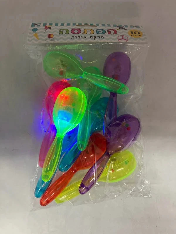 Colorful light-up maracas in their ten-piece package, with several lights illuminated