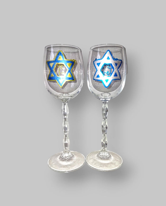 Mazel Tov stemware — pair of etched glasses in blue, silver and gold | Judaica Square Lakewood