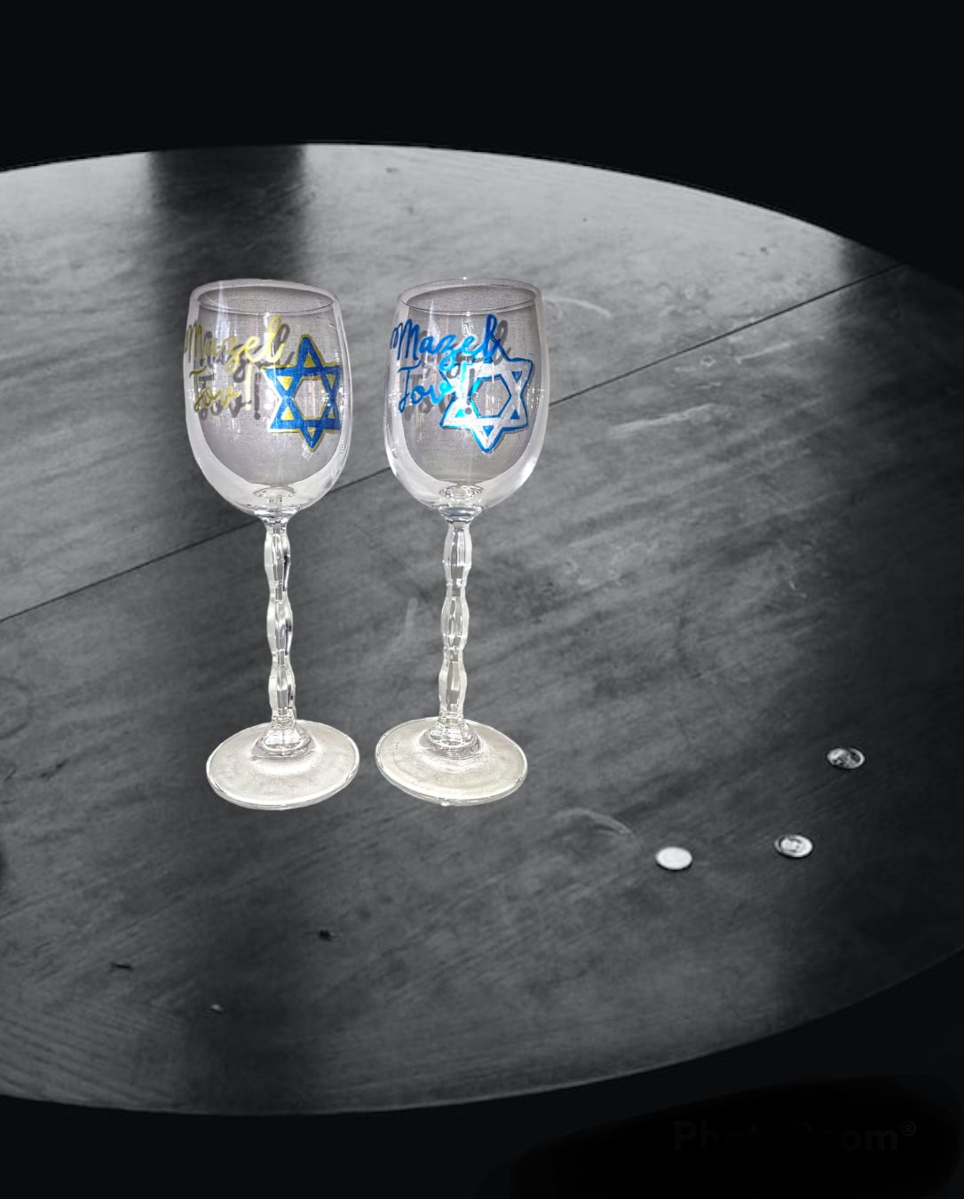Mazel Tov stemware — pair of etched glasses in blue, silver and gold | Judaica Square Lakewood (view 5)
