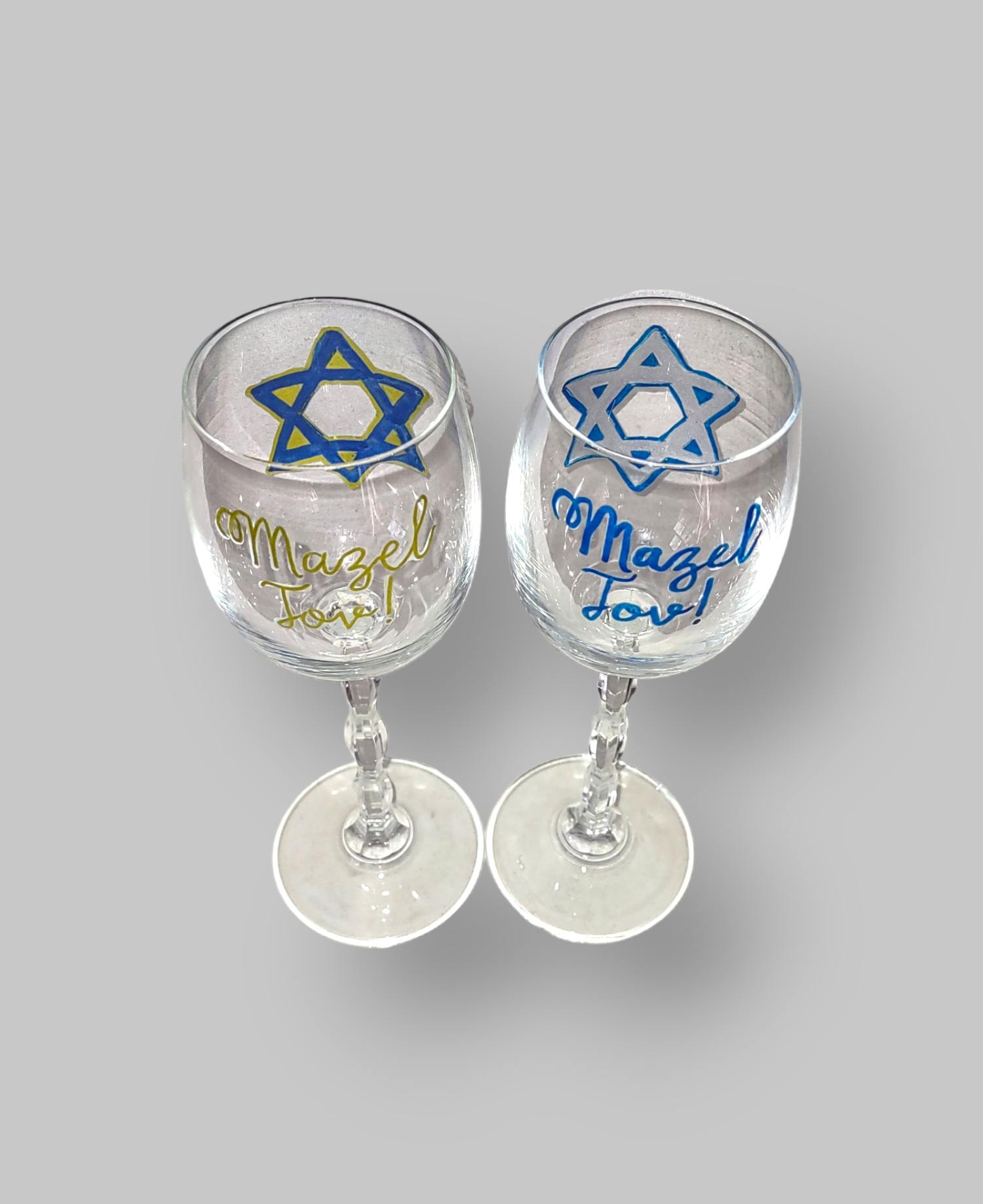 Mazel Tov stemware — pair of etched glasses in blue, silver and gold | Judaica Square Lakewood (view 4)