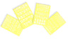 Four yellow plastic stencils cut with the Hebrew alphabet in different fonts, one with numbers