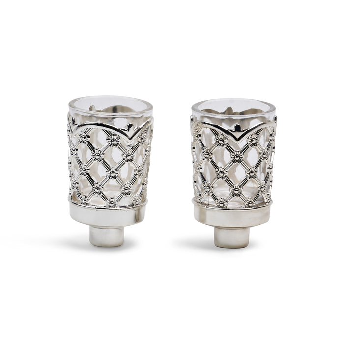 Two silver-plated neronim holders with floral lattice openwork and scalloped rims