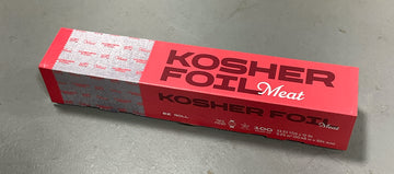 Red Kosher Foil Meat box with EZ Roll label and dark lettering, angled side view