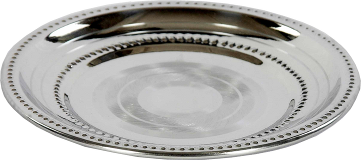 Polished stainless steel round plate with two rings of beaded detail, angled view