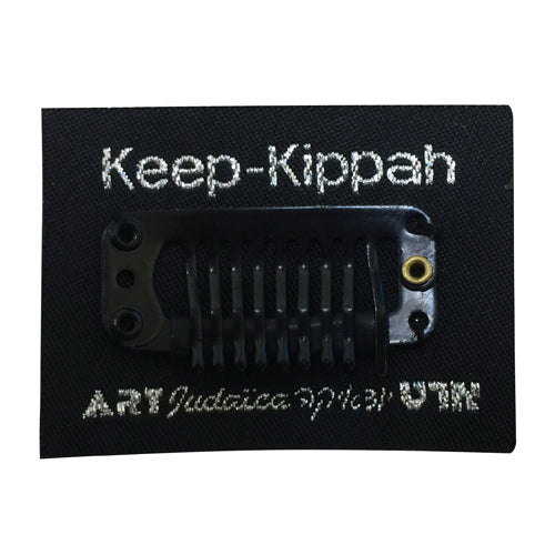 Black comb-style snap kippah clip mounted on a black card printed Keep-Kippah