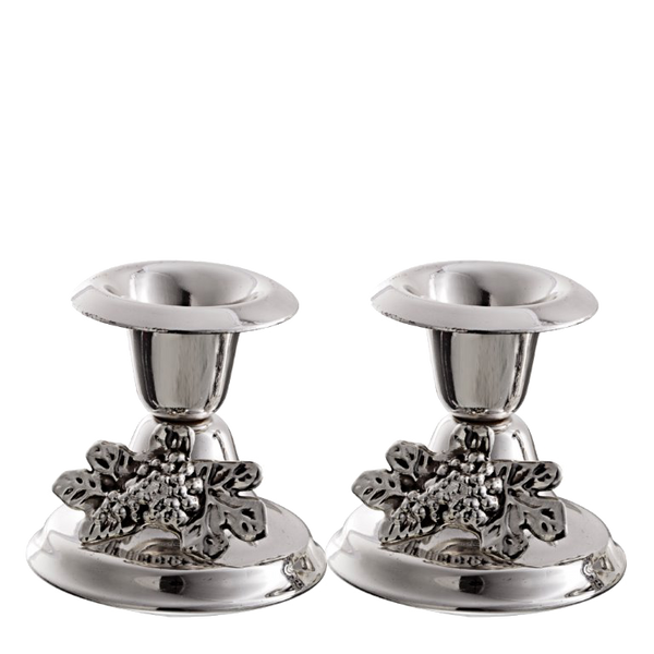 Pair of mini silver plated candlesticks with raised grape clusters on the bases